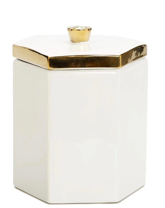 Tall White Hexagon Shaped Box with Gold Flower Knob on Cover Canisters High Class Touch - Home Decor 