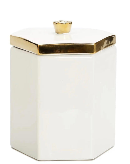 Tall White Hexagon Shaped Box with Gold Flower Knob on Cover Canisters High Class Touch - Home Decor 