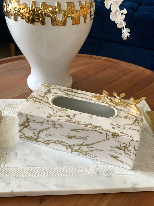 White and Gold Marble Tissue Box with Gold Leaf Design Facial Tissue Holders High Class Touch - Home Decor 