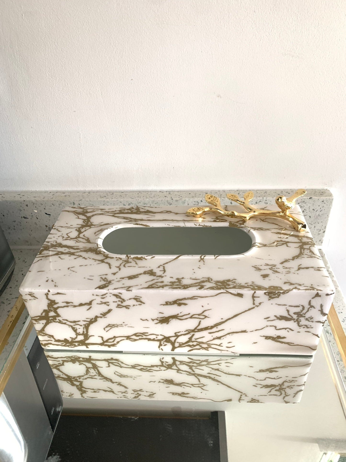 White and Gold Marble Tissue Box with Gold Leaf Design Facial Tissue Holders High Class Touch - Home Decor 