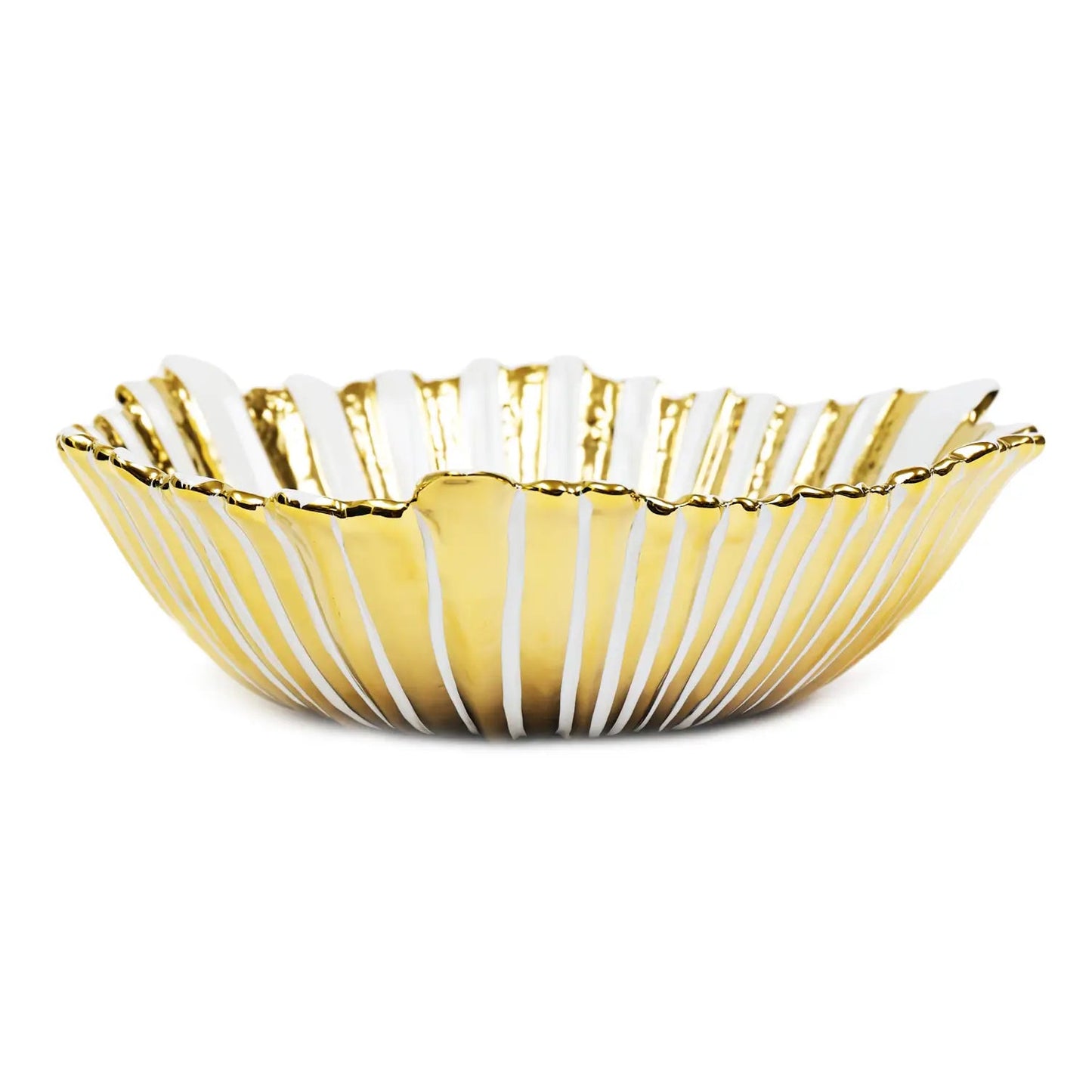 White and Gold Striped Flower Shaped Salad Bowl Decorative Bowls High Class Touch - Home Decor 