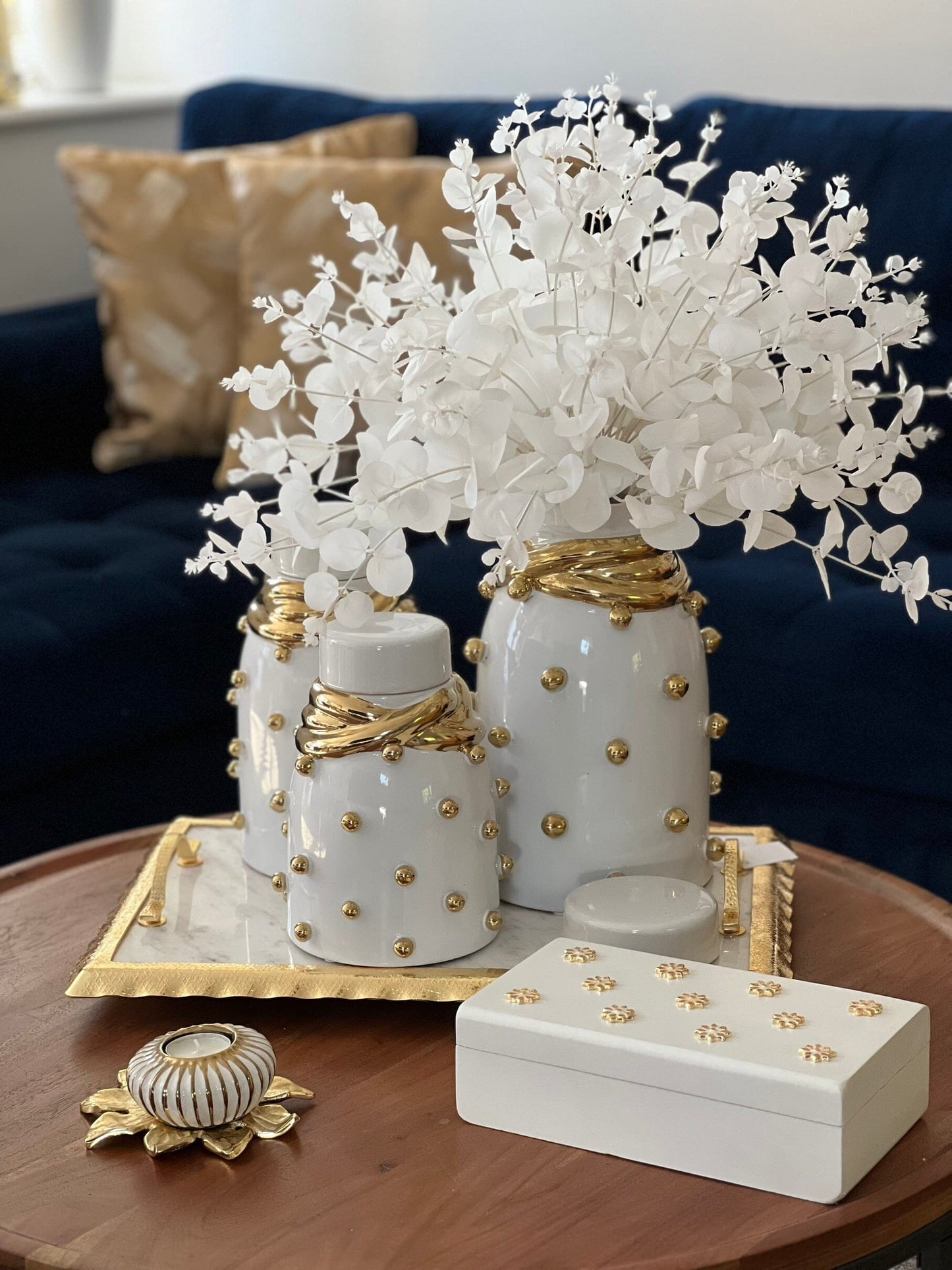 White Ceramic Jar with Gold Elegant Detail and Studded Decorative Jars High Class Touch - Home Decor 