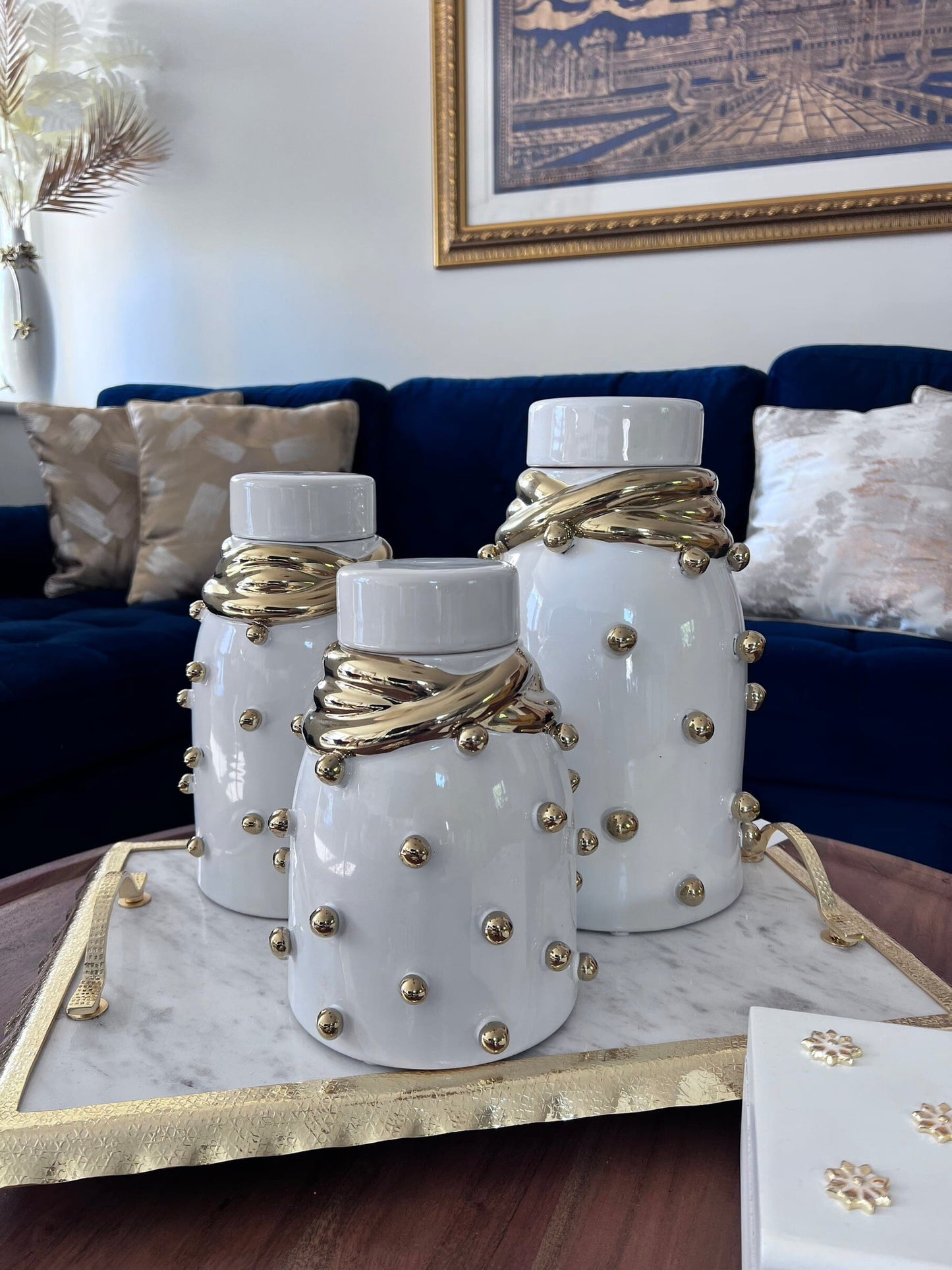 White Ceramic Jar with Gold Elegant Detail and Studded Decorative Jars High Class Touch - Home Decor 