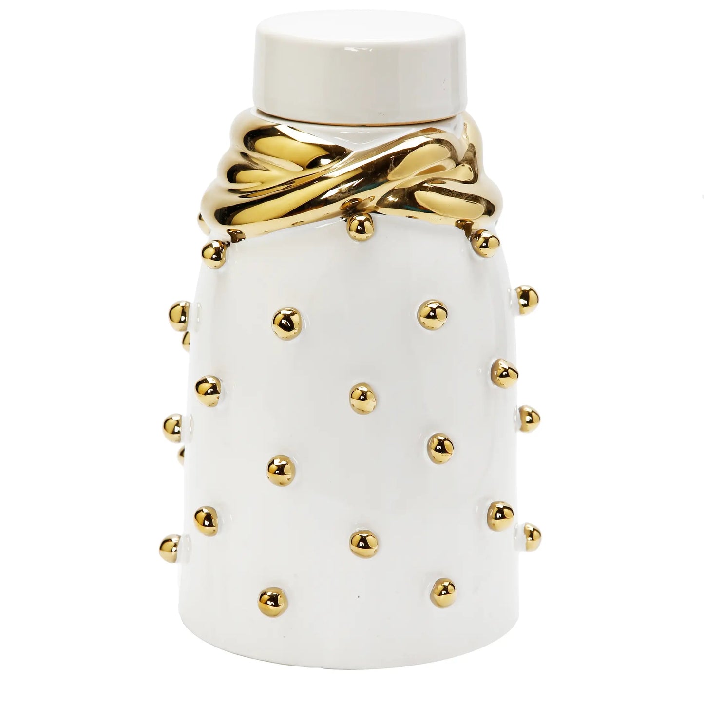 White Ceramic Jar with Gold Elegant Detail and Studded Decorative Jars High Class Touch - Home Decor Medium