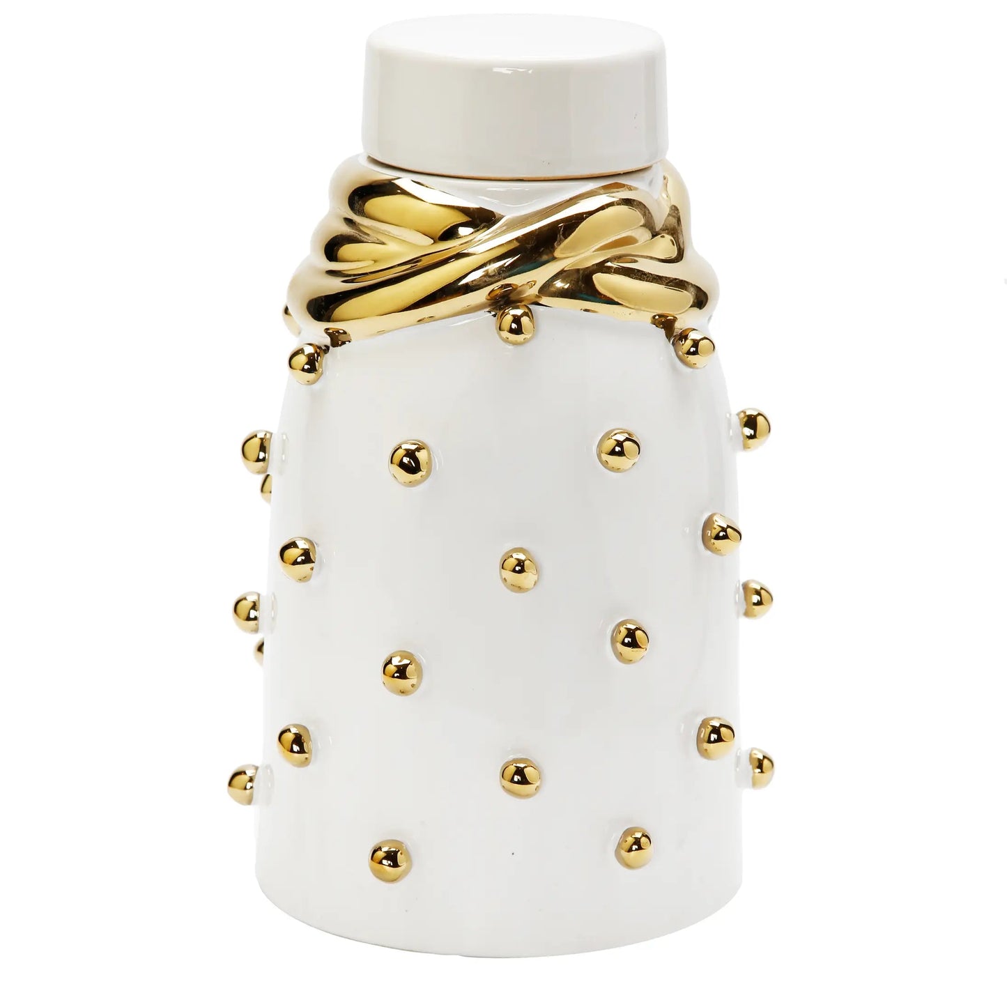 White Ceramic Jar with Gold Elegant Detail and Studded Decorative Jars High Class Touch - Home Decor Medium 