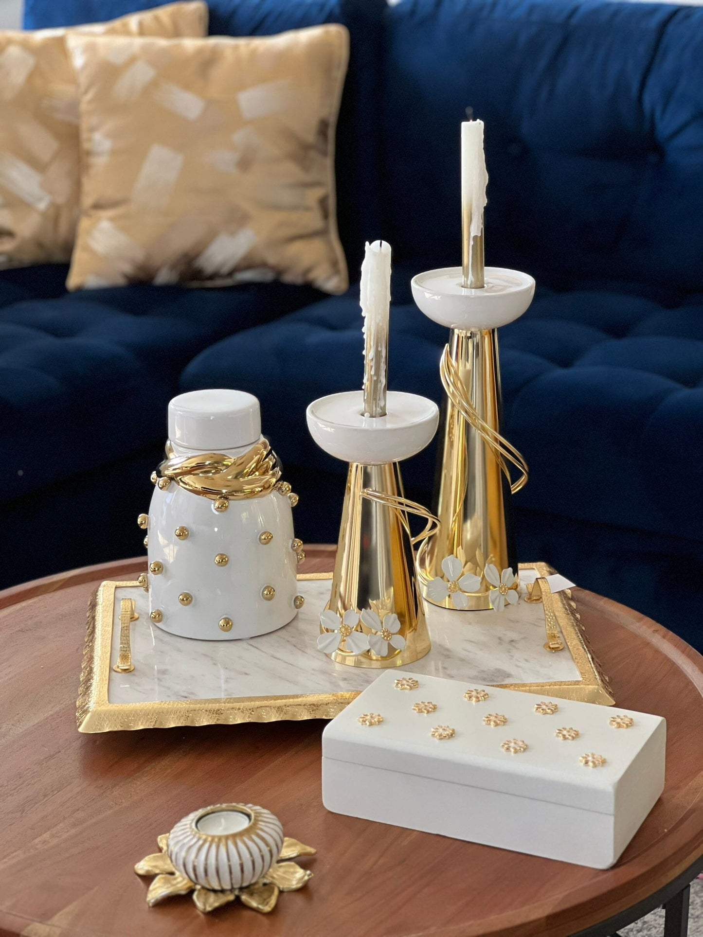 White Ceramic Jar with Gold Elegant Detail and Studded Decorative Jars High Class Touch - Home Decor Small