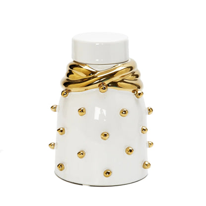 White Ceramic Jar with Gold Elegant Detail and Studded Decorative Jars High Class Touch - Home Decor Small 