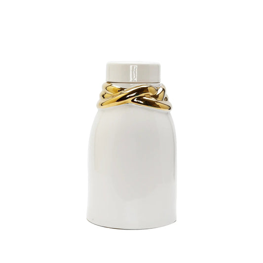 White Ceramic Jar with Lid and Gold Details Decorative Jars High Class Touch - Home Decor 