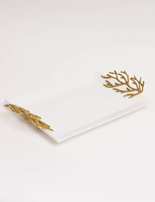 White Ceramic Tray with Gold Coral Design Handles Decorative Trays High Class Touch - Home Decor 