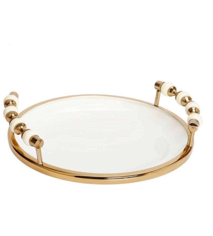 White Flat Round Plate with Gold and White Beaded Design Plates High Class Touch - Home Decor 