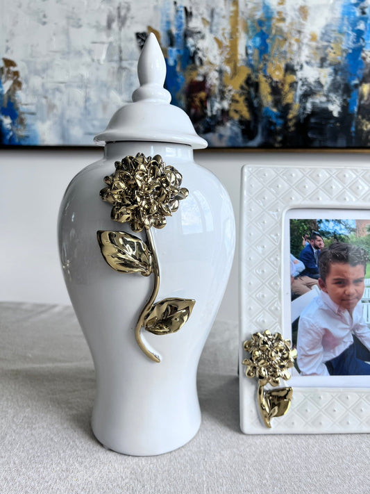 White Ginger Jar with Gold Flower Detail GingerJar High Class Touch - Home Decor Short 