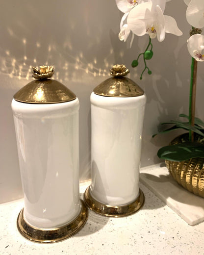 White Glass Canister Gold Hammered Lid and Base Flower knob Canisters High Class Touch - Home Decor 