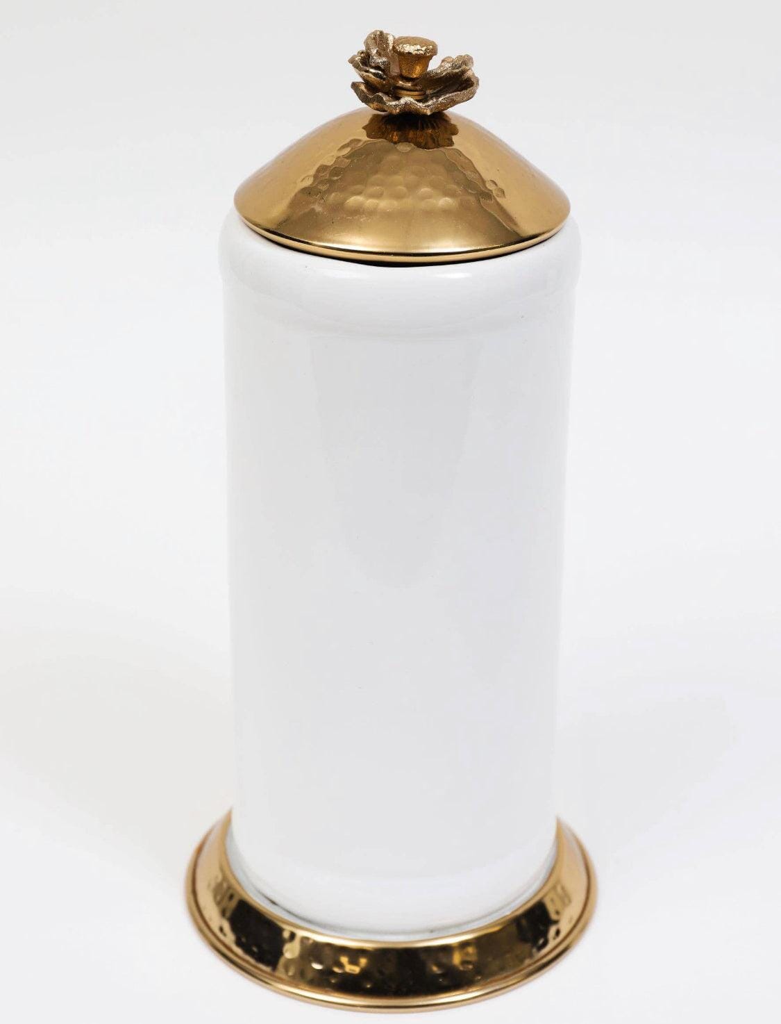 White Glass Canister Gold Hammered Lid and Base Flower knob Canisters High Class Touch - Home Decor Large 