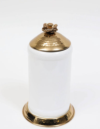 White Glass Canister Gold Hammered Lid and Base Flower knob Canisters High Class Touch - Home Decor Medium 