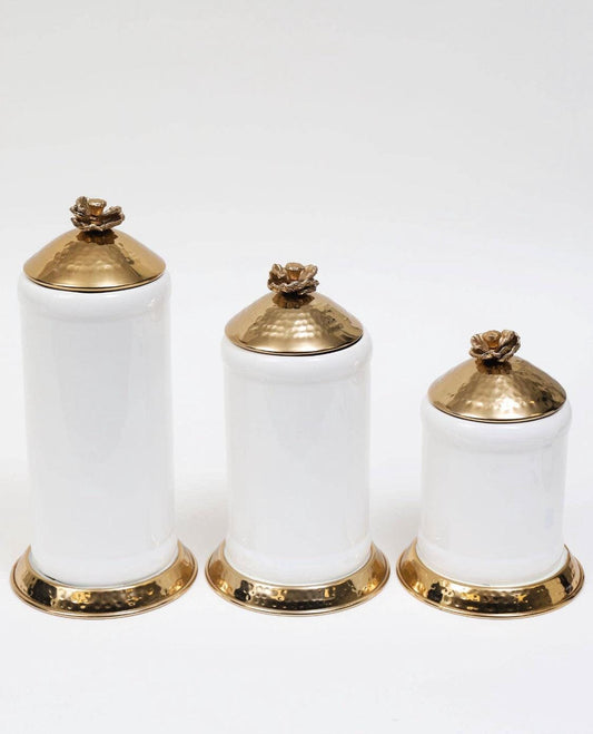 White Glass Canister Gold Hammered Lid and Base Flower knob Canisters High Class Touch - Home Decor Set of 3 