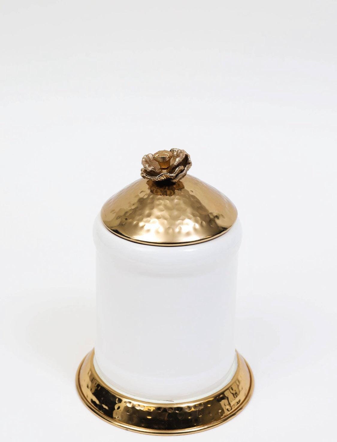 White Glass Canister Gold Hammered Lid and Base Flower knob Canisters High Class Touch - Home Decor Small 