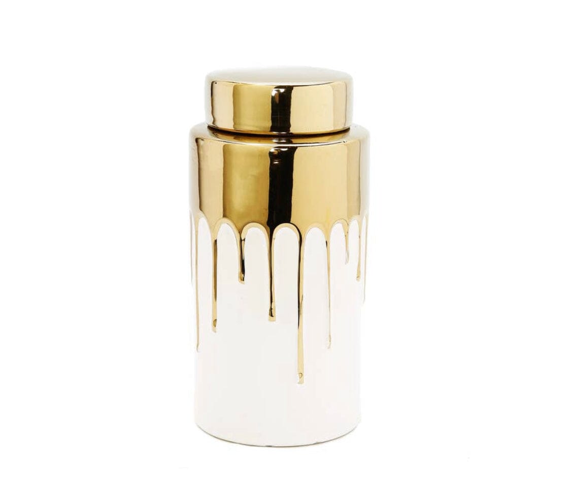 White Jar with Gold Cover and Drip Design Decorative Jars High Class Touch - Home Decor 