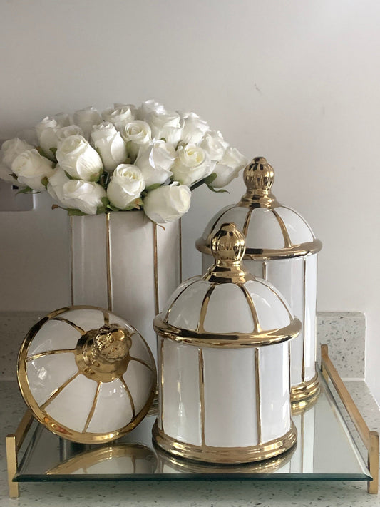 White Jar with Round Dome Cover Thin Gold Stripe Design Decorative Jars High Class Touch - Home Decor 