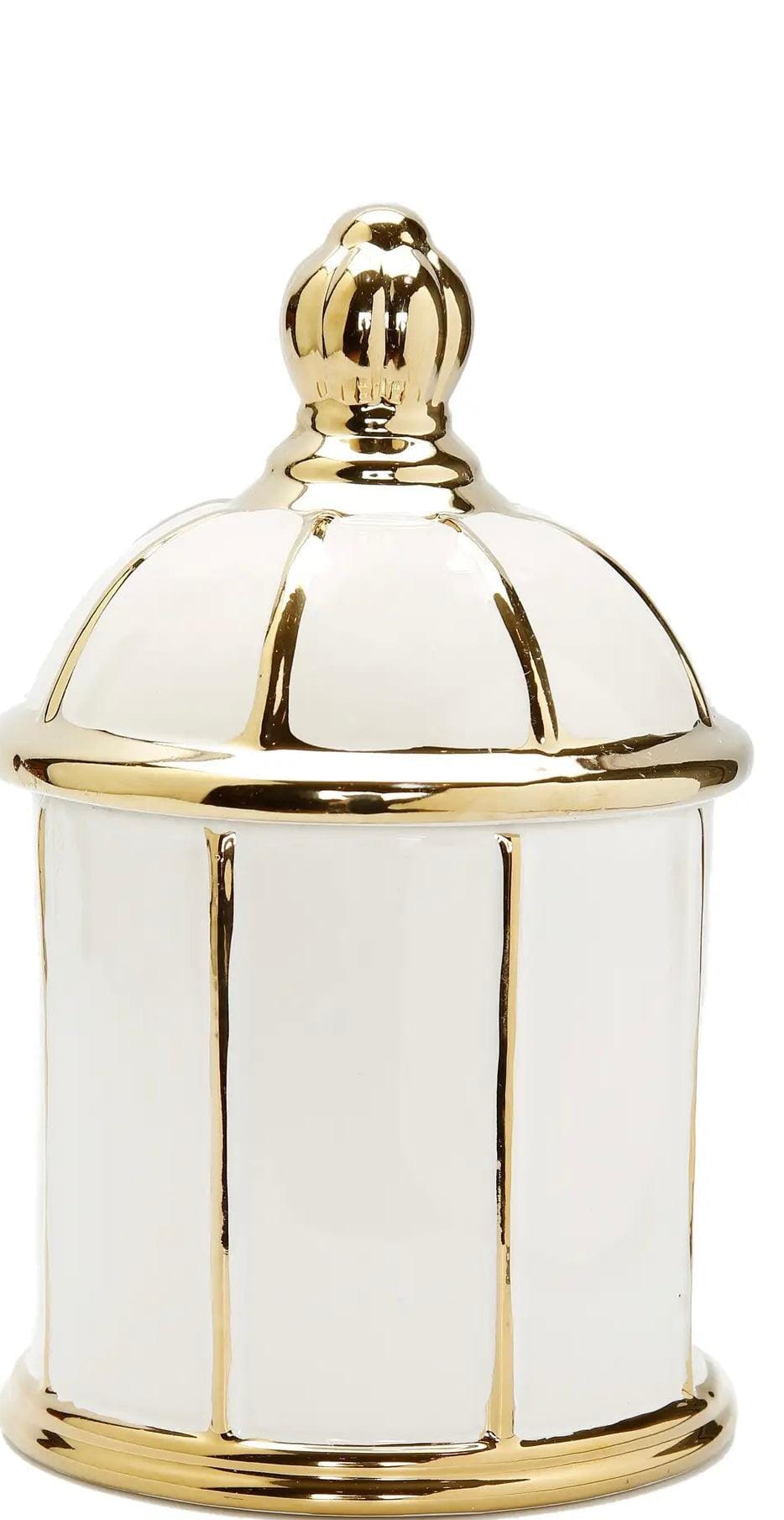 White Jar with Round Dome Cover Thin Gold Stripe Design Decorative Jars High Class Touch - Home Decor 