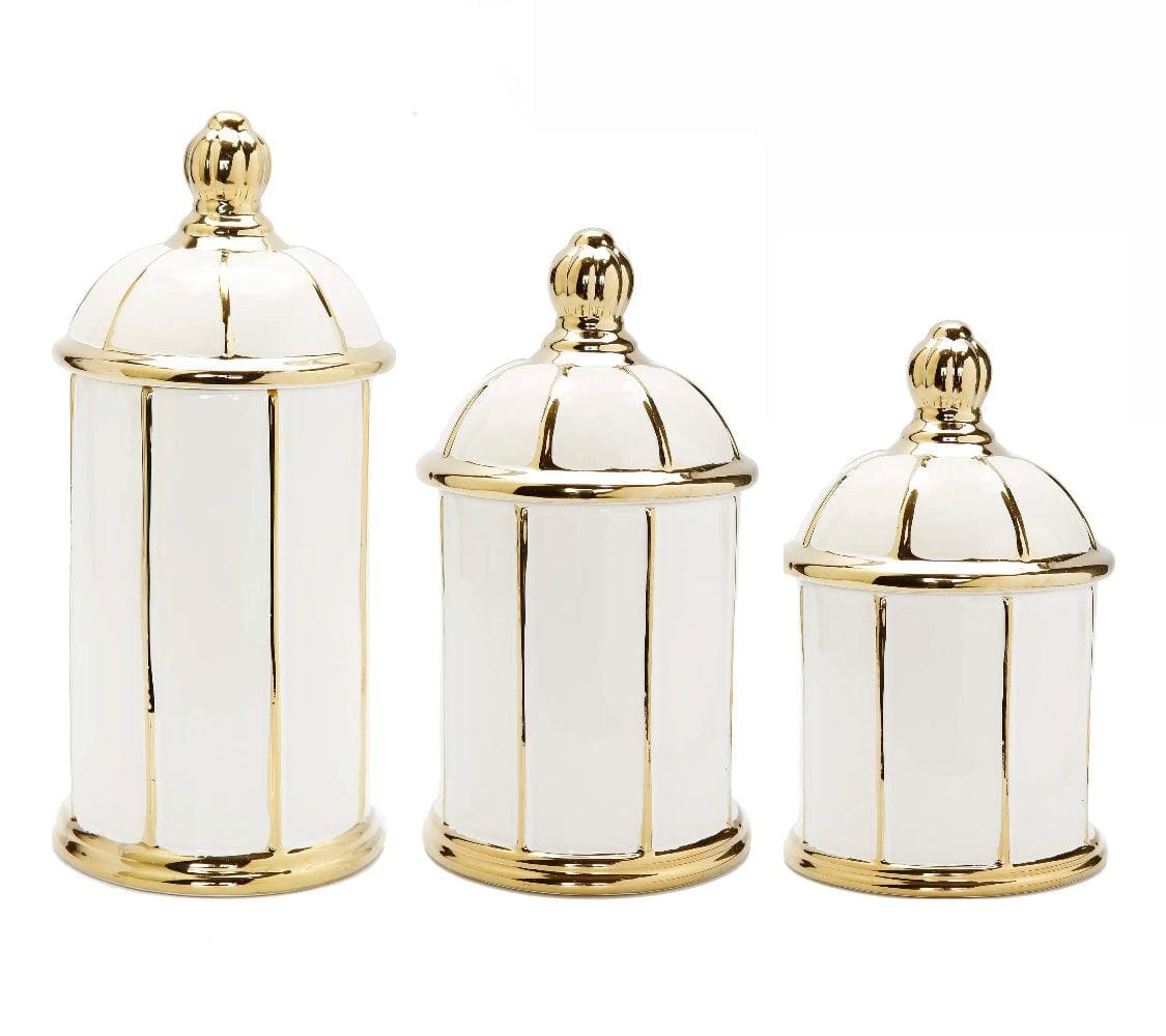 White Jar with Round Dome Cover Thin Gold Stripe Design Decorative Jars High Class Touch - Home Decor Save with Set of 3 