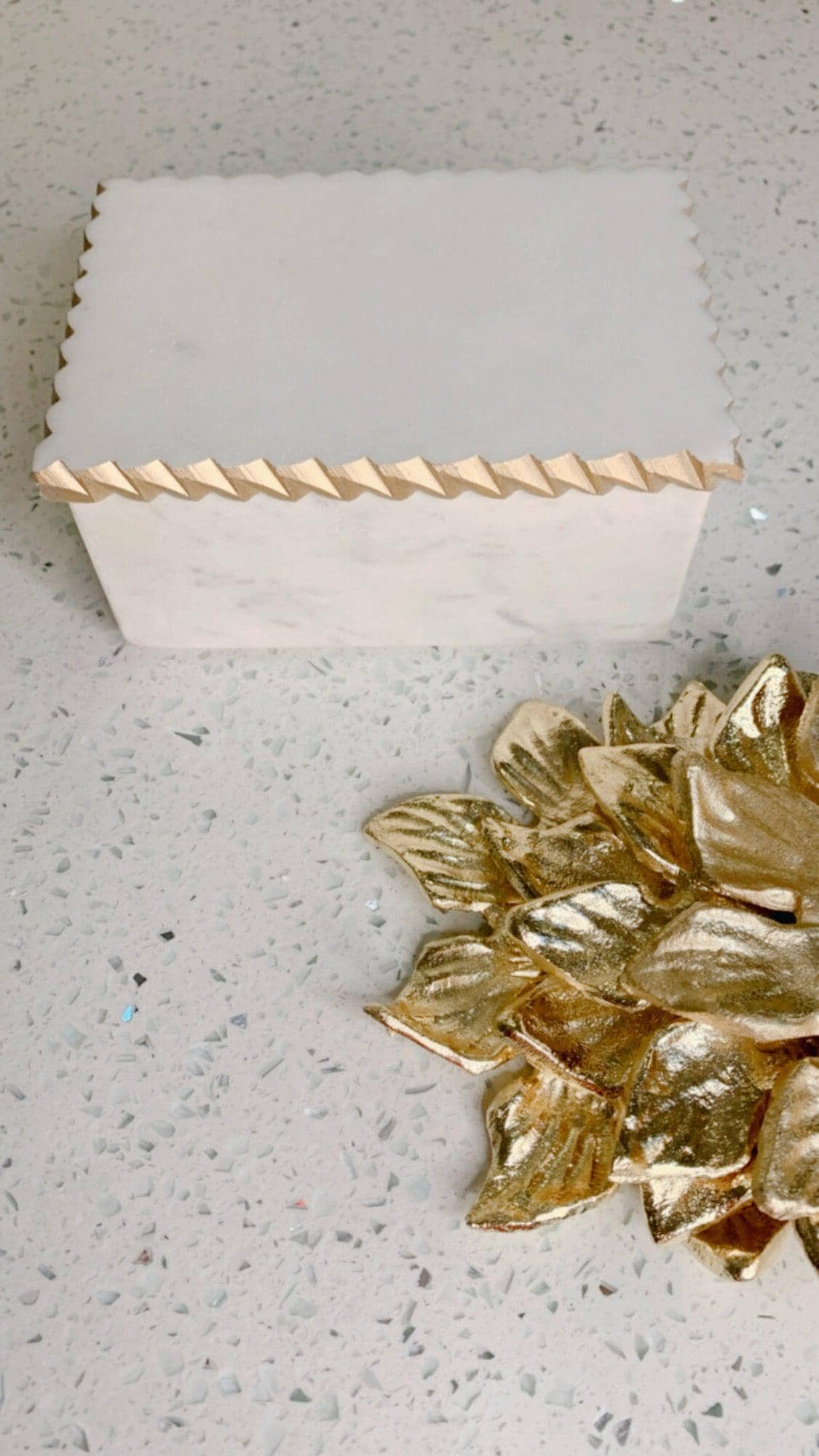 White Marble Decorative Box W/ Cover Gold Dimensional Border Decorative box High Class Touch - Home Decor