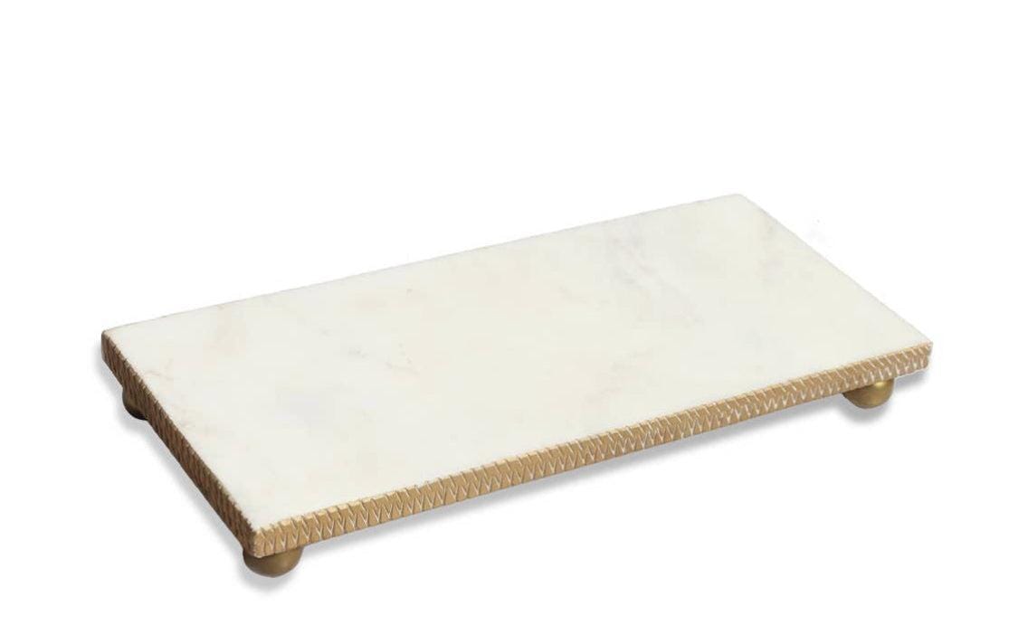 White Marble Oblong Tray With Gold textured Edge Decorative Trays High Class Touch - Home Decor