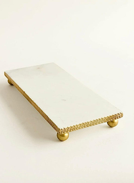 White Marble Oblong Tray With Gold textured Edge Decorative Trays High Class Touch - Home Decor 