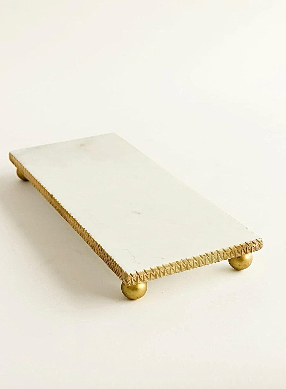 White Marble Oblong Tray With Gold textured Edge Decorative Trays High Class Touch - Home Decor