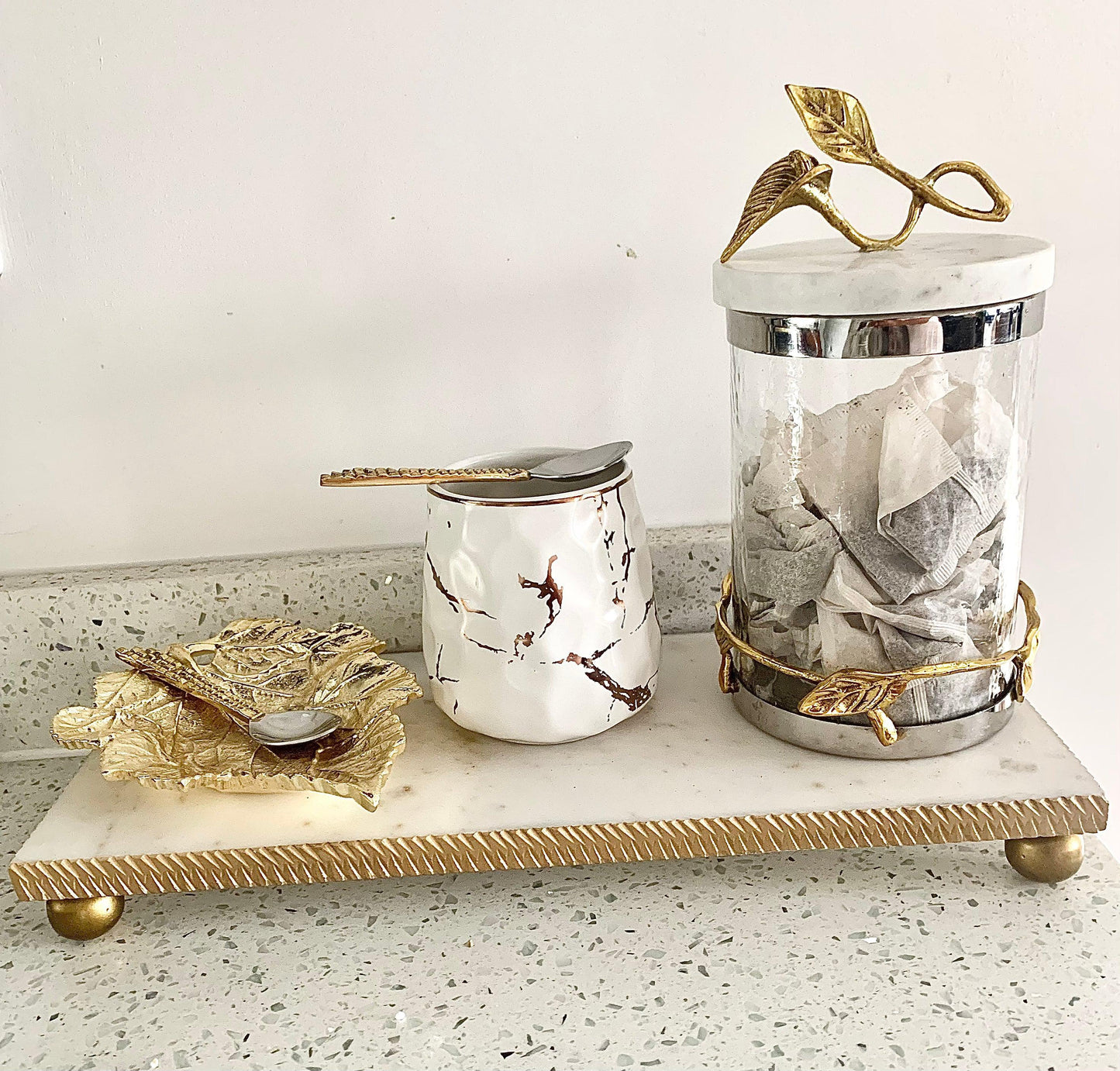 White Marble Oblong Tray With Gold textured Edge Decorative Trays High Class Touch - Home Decor