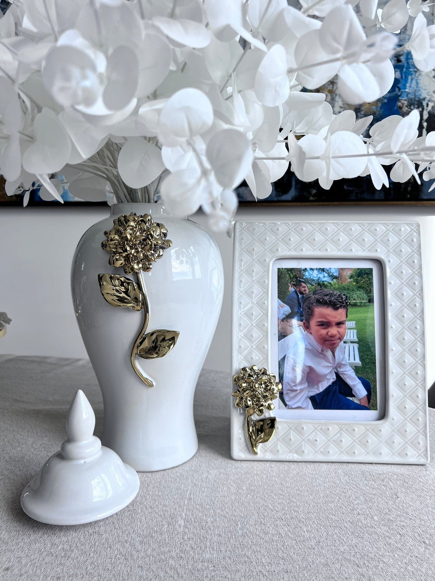 White Picture Frame with Gold Flower Design Picture Frame High Class Touch - Home Decor