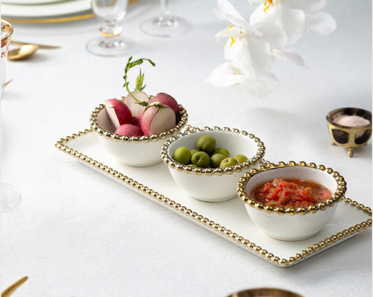 White Porcelain 3 Bowl Relish Dish with Gold Beaded Design Snack Bowls High Class Touch - Home Decor 