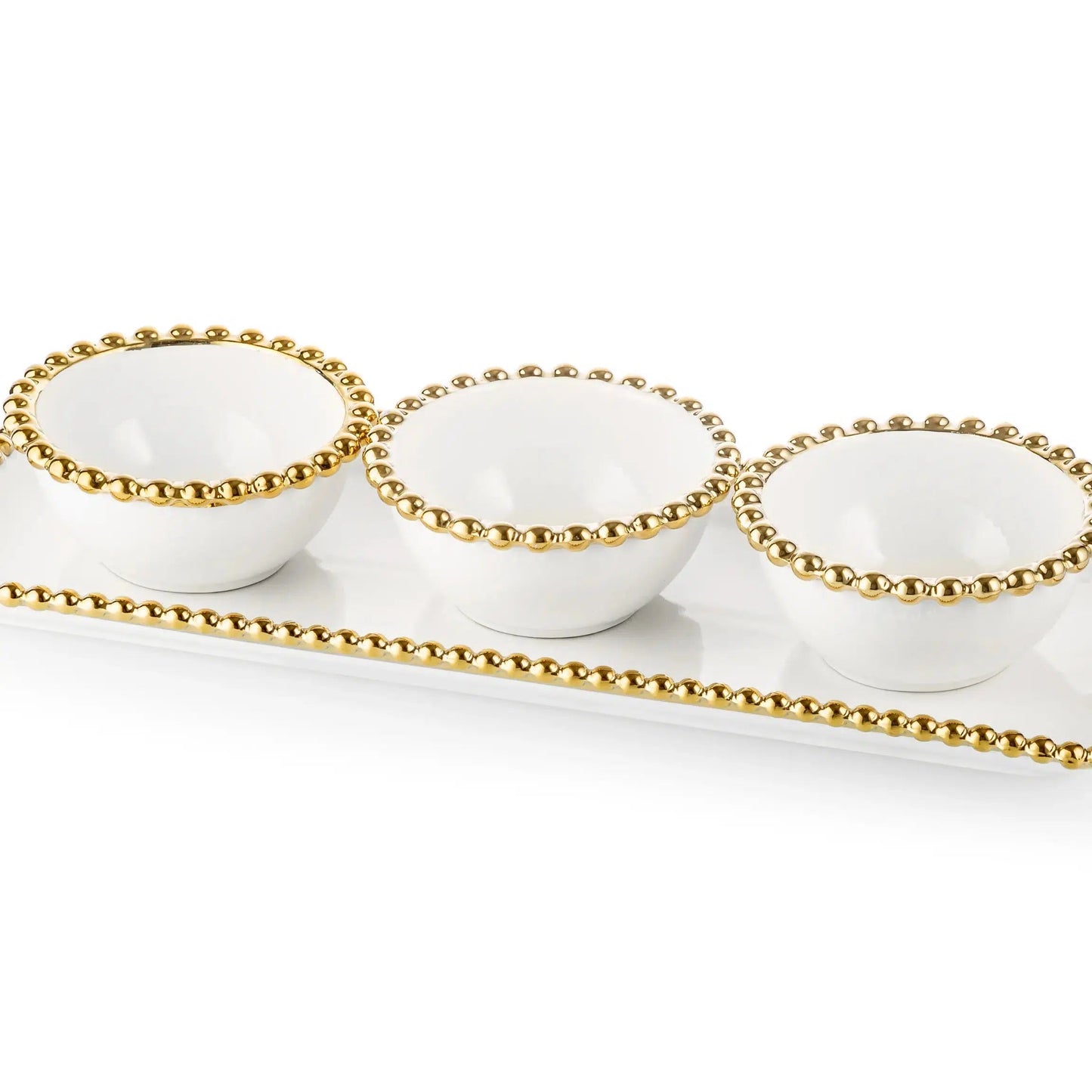 White Porcelain 3 Bowl Relish Dish with Gold Beaded Design Snack Bowls High Class Touch - Home Decor