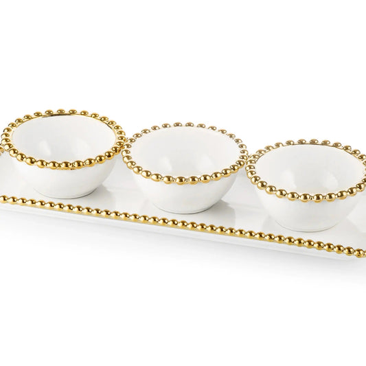 White Porcelain 3 Bowl Relish Dish with Gold Beaded Design Snack Bowls High Class Touch - Home Decor