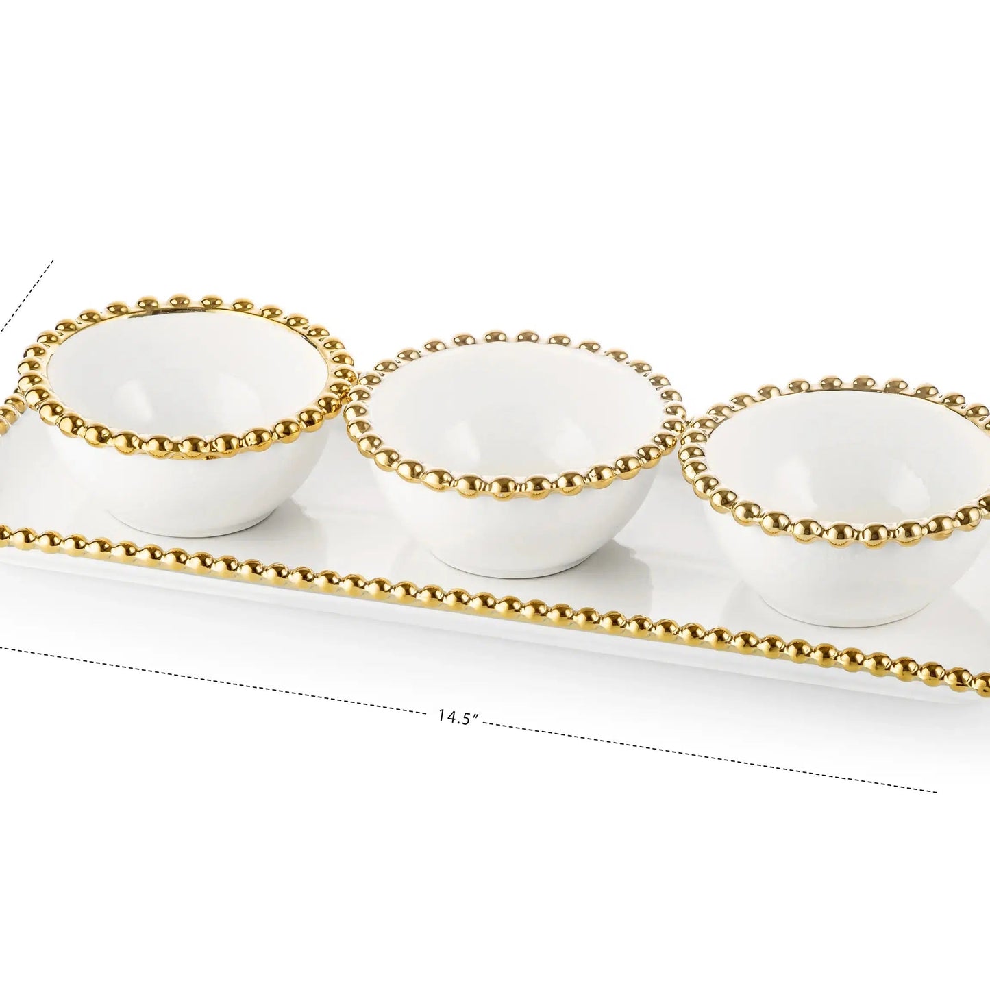 White Porcelain 3 Bowl Relish Dish with Gold Beaded Design Snack Bowls High Class Touch - Home Decor