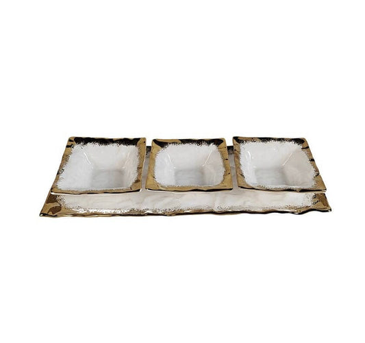 White Porcelain 3 Bowl Relish Dish with Gold Scalloped Edge Plates High Class Touch - Home Decor