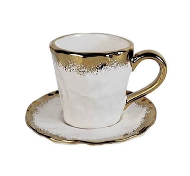 White Porcelain Coffee Set with Gold Edge, 7.5 oz Mugs and Tea Cup High Class Touch - Home Decor
