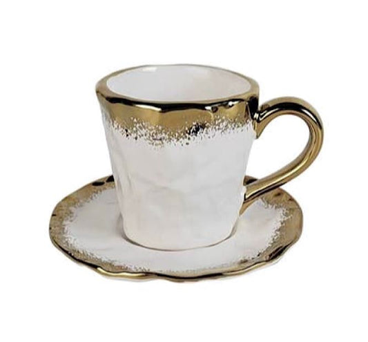 White Porcelain Coffee Set with Gold Edge, 7.5 oz Mugs and Tea Cup High Class Touch - Home Decor 