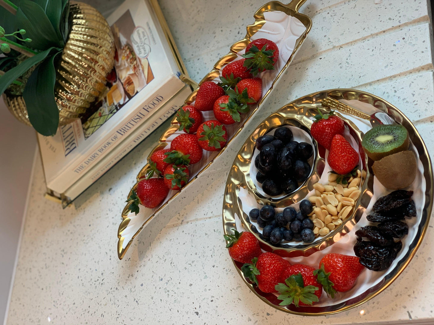 White Porcelain Leaf Dish with Gold Rim 18.25"L Serving Bowls High Class Touch - Home Decor