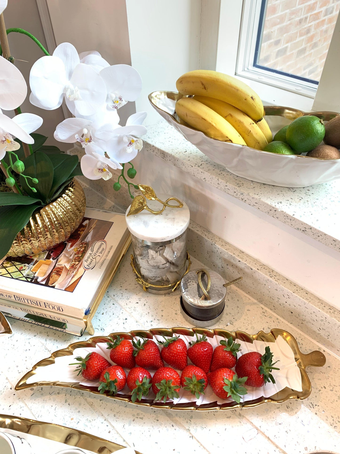 White Porcelain Leaf Dish with Gold Rim 18.25"L Serving Bowls High Class Touch - Home Decor
