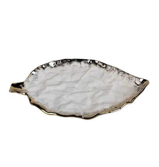 White Porcelain Leaf Dish with Gold Scalloped Edge 15" Plates High Class Touch - Home Decor 
