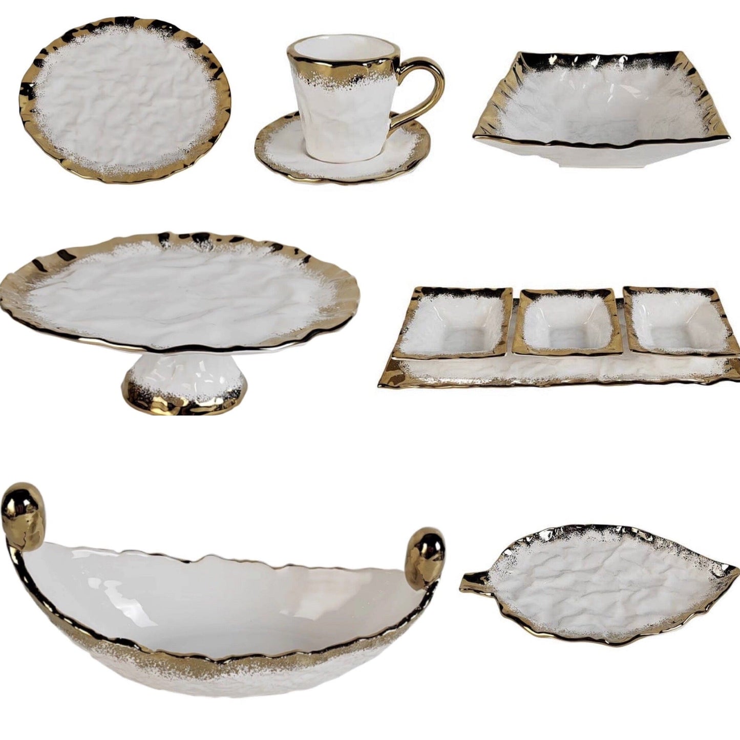 White Porcelain Leaf Dish with Opulent Gold Border 15" Plates High Class Touch - Home Decor