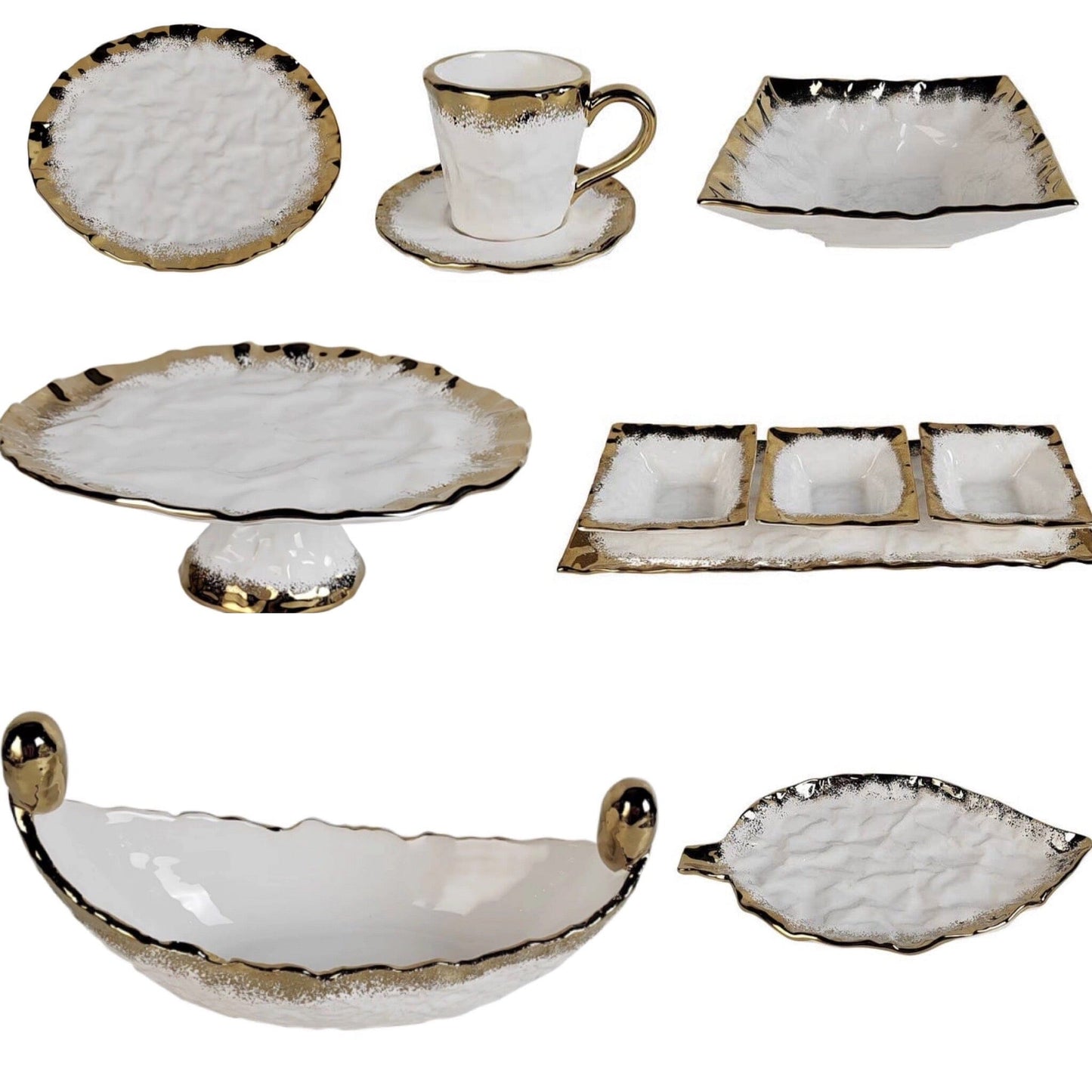 White Porcelain Leaf Dish with Opulent Gold Border 15" Plates High Class Touch - Home Decor 
