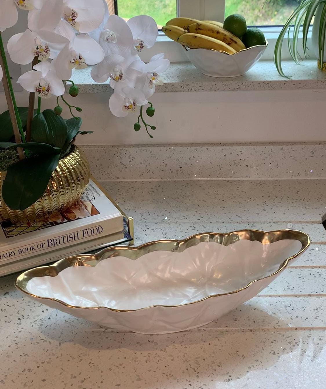 White Porcelain Leaf Shaped Bowl With Gold Border 16.75"L Serving Bowls High Class Touch - Home Decor