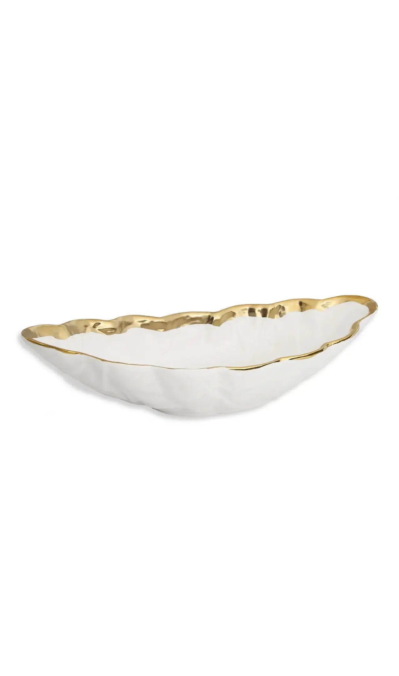 White Porcelain Leaf Shaped Bowl With Gold Border 16.75"L Serving Bowls High Class Touch - Home Decor
