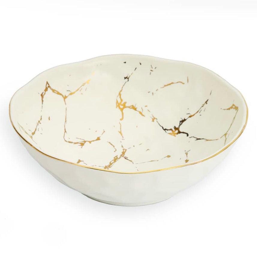 White Porcelain Medium Fruit Bowl With Gold Design Bowl Plate High Class Touch - Home Decor
