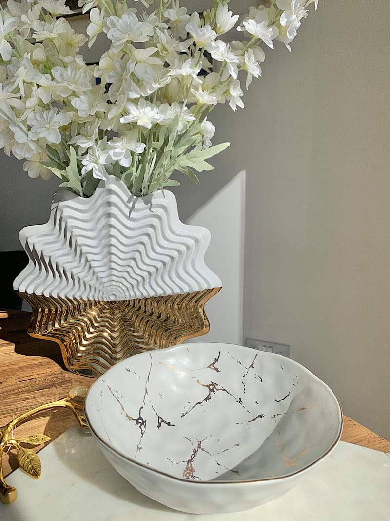 White Porcelain Medium Fruit Bowl With Gold Design Bowl Plate High Class Touch - Home Decor