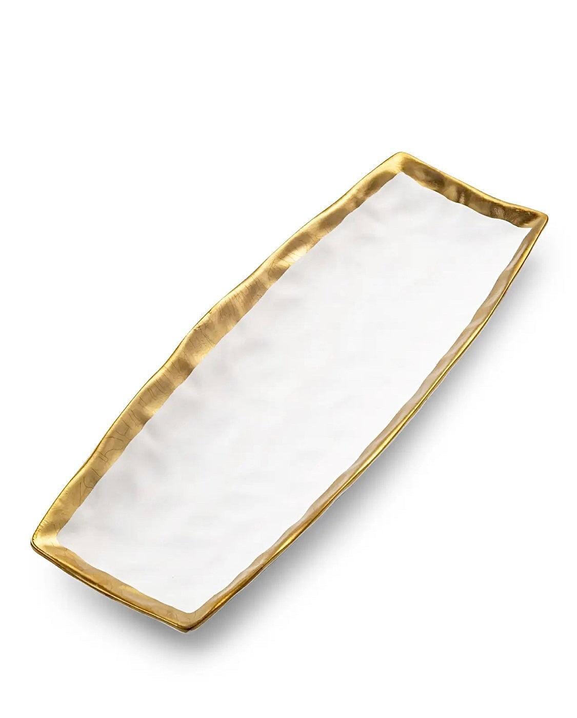 White Porcelain Oblong Tray with Gold Rim 15.5”L x 6”W Snack Bowls High Class Touch - Home Decor