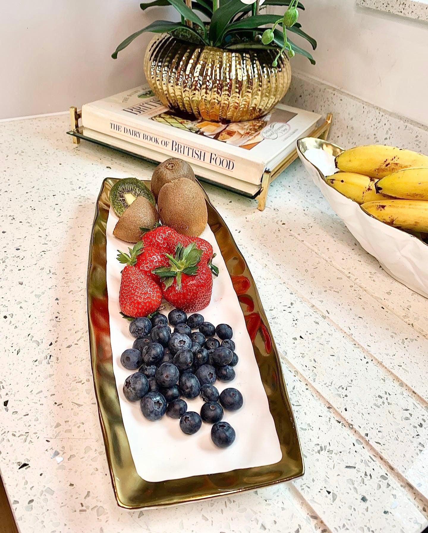 White Porcelain Oblong Tray with Gold Rim 15.5”L x 6”W Snack Bowls High Class Touch - Home Decor