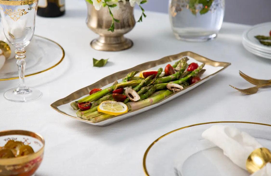 White Porcelain Oblong Tray with Gold Rim 15.5”L x 6”W Snack Bowls High Class Touch - Home Decor