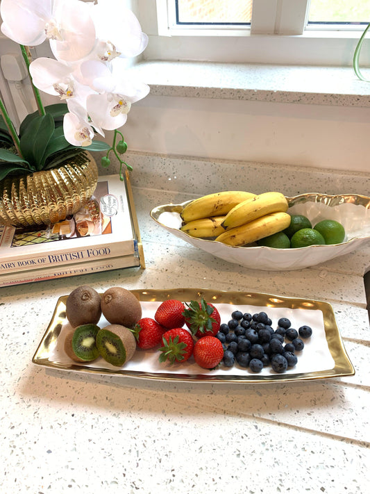 White Porcelain Oblong Tray with Gold Rim 15.5”L x 6”W Snack Bowls High Class Touch - Home Decor 